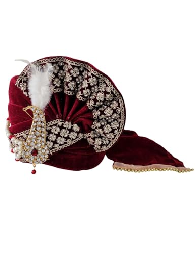 Image of BookMyCostume Dulha & Royal Wedding Turban Collection - Premium Silk, Velvet, Zari Work Safa with Kalgi & Brooch - Traditional Indian Dulha Pagdi /Sehra Perfect for Weddings & Role Plays for Men & Kids