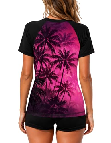 Image of AOBUTE Women Short Sleeve Rash Guard UPF 50+ Tropical Sun Protection Floral Swim Shirts