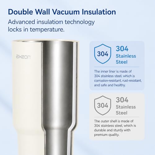 Image of AXEON Stainless Steel Tumbler with Handle & Straw - 900ml | Double Wall, Reusable & Leak-Proof Stanley Sipper | Travel Coffee & Cold Drink Cup for Gym, Office & Travel, Cream Colour