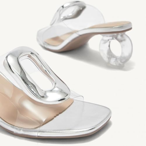 Women's Metal Buckle Transparent Strap Low Heel Sandals Fashion Square Toe Round Heel Non-slip Slip-On Sandals for Party, Evening, Date4