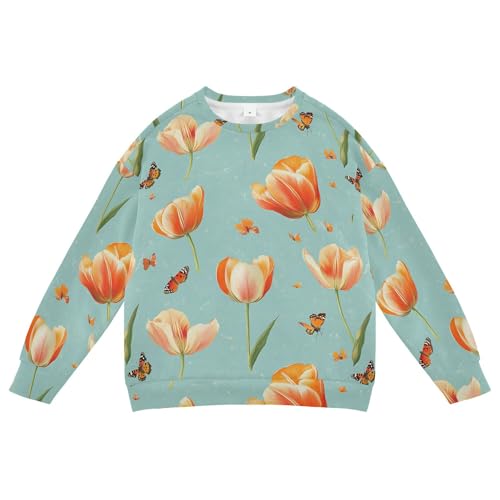 JUNZAN Aesthetic Tulips Teal Big Boys Hooded Sweatshirt Long Sleeve Tops Clothing Shirts Party 4T