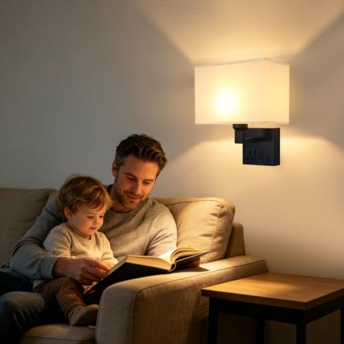 Image of Plug in Wall Sconces, Wall Lamp with Black Base Square lampshade | Wall Lights for Bedroom Bulb Included, Wall Mounted Lamp with 3 Color Temperature, Bedside Lamps with USB Ports and AC Outlet