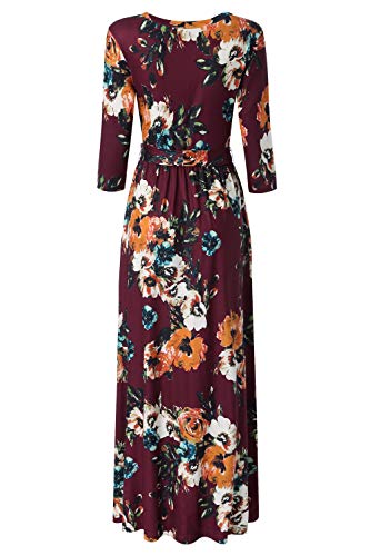 Zattcas Womens 3/4 Sleeve Floral Print Faux Wrap Long Maxi Dress with Belt,Wine Multi,X-Large