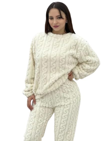 cigain Women's Fur Long Sleeve Nightsuit Set | Regular Fit Warm Top and Pyjama Set | Winter Wear Sweatpant Set for Women (Plus Size, White, M)-picture-39