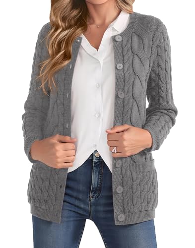 La Mejor Recopilación de Punto - los preferidos. 10 VIISHOW - Cárdigan de punto trenzado para mujer, cuello redondo, abotonado, con bolsillos, chamarra para otoño e invierno, Hua Grey, Small