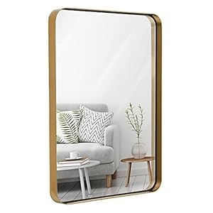 Hamilton Hills 24×36 inch Metal Gold Frame Mirror for Bathroom | Brushed Rectangular Rounded Corner Vanity | 2″ Deep Set Design Large Wall Mirrors Decorative | Hangs Horizontal and Vertical