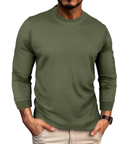Men's Waffle Basic T-Shirt Long Sleeve Thermal Crew Neck Casual Top Underwear Lightweight Base Layer