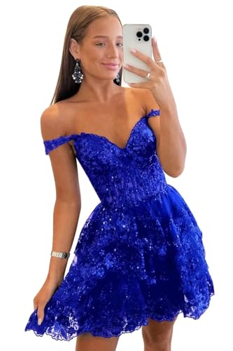 Off Shoulder Sequin Homecoming Dresses for Teens A-line Gilter Short Prom Cocktail Party Dress