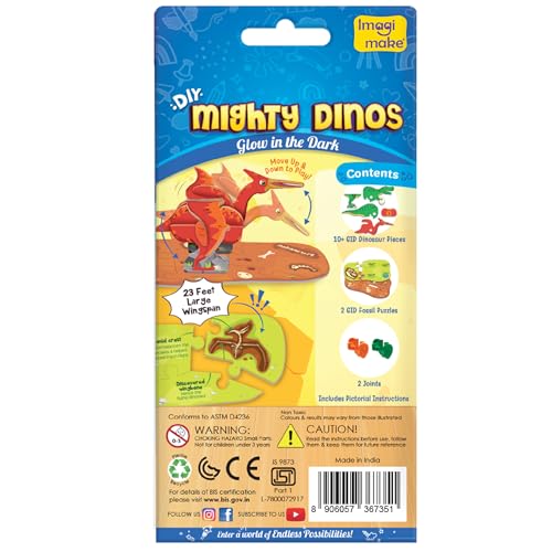 Image of Imagimake DIY Mighty Dinos | Glow in The Dark | 3D Dinosaur Puzzle for Kids | Birthday Gift for Kids Ages 5,6,7,8,9,10