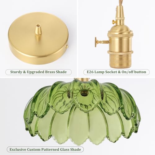 Image of Shenmoyl Pendant Light with Green Scindapsus Glass Lmapshade, Brass Vintage Pendant Light Adjustable Hanging Light for Kitchen Island Dining Room Hallway