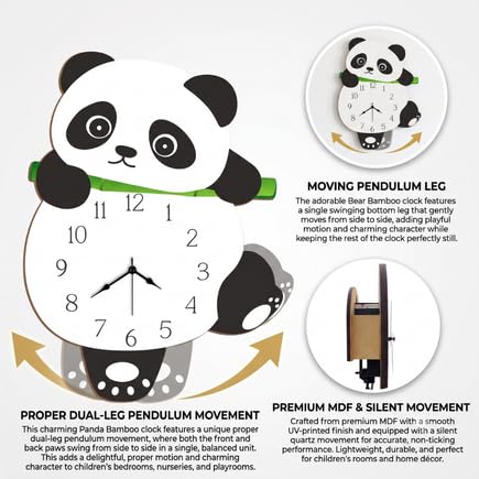 Image of Personalised with Your Name, Panda Design Pendulum Wall Clock for Kids Room, Decorative Analog Timepiece with Swinging Element, Cute Animal Theme Home Accent for Bedroom, Nursery, Playroom