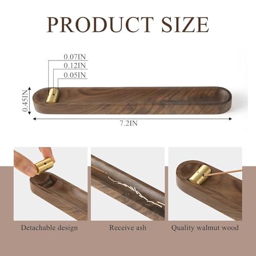 Räucherstäbchen Halter aus Holz mit Ascheauffangschale, 18,3 cm Hoher Incense Holder Räuchergefäß mit 3 Löchern aus Messing, ideal für Meditation,Yoga,und Dünne & Dicke Stäbchen (Walnussholz Farbe)