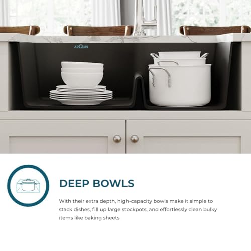Image of ARQUIN Double Bowl Quartz Kitchen Sink 34x20x9 Inch Black | Durable & Scratch-Resistant Sink | Undermount,Topmount | Including Coupling,Sink Connector,Waste Pipe & Fruit Washing Basket