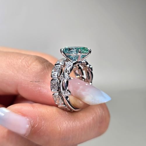Marquise Cut Teal Blue Green Moissanite Engagement Ring Set with Vintage Inspired Solitaire and Square Diamond Eternity Band – Unique Bridal Ring Set for Women4