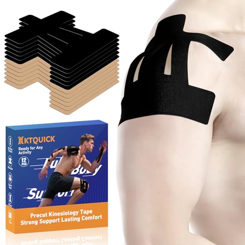 Image of Kinesiology Tape for Shoulder Precut, 12 PCS Black&Beige Mixed Colors, Shoulder Tape for Pain Relief, KTQUICK Original Cotton Waterproof&Breathable, Enhance Elastic Sports Tape for Pain Support&Muscle
