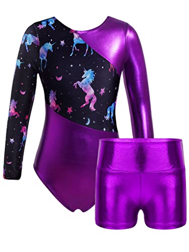 Nyeemya Gymnastics Leotard for Girl，Shiny Metallic One Piece Bodysuit with Booty Shorts Kids Sequin Dance Wear Purple 5-6 Years