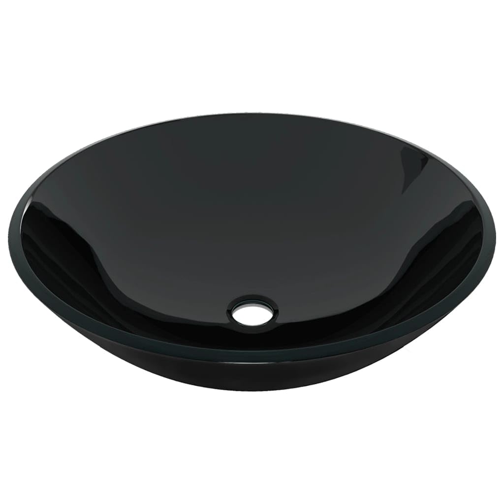Rundes Waschbecken Aufsatzwaschbecken für Waschtisch mit Wasserhahn und Pop up Ablaufgarnitur Schwarz Chrom, gehärtetes Glas 42 cm, Einlocharmatur, Handwaschbecken für Bad