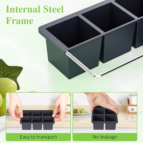 Image of Large Ice Cube Tray for Whiskey: Silicone Ice Cube Trays with Lid - 2Pack Big Square Old Fashioned Ice Cube Maker for Cocktail - 2inch Huge Cubed Ice Trays (Black+Green+Blue(3pack)(6 Grid))