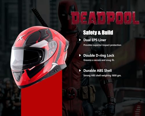 Image of Axor Apex Marvel Deadpool ISI ECE DOT Certified Full Face Dual Visor Helmet for Men and Women Dual EPS Protection with Pinlock Fitted Outer Clear Visor and Inner Smoke Sun Visor Red Black-L