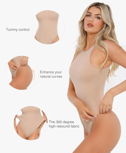Image of Popilush Bodysuits for Women Scoop Neck Body Suits Sleeveless Thong Halter Cotton Casual Tank Top for Summer