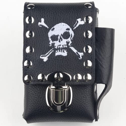 Texcyngoods Men's Leather Cigarette Case Skull and Crossbones Made in USA Attaches to Belt for Regular Shorts
