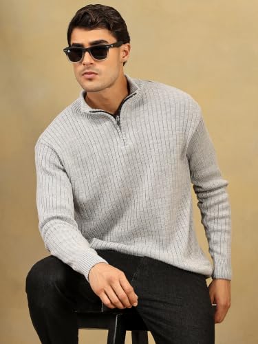 Image of Kvetoo Men High Neck Zipper Full Sleeve Woolen Winter Sweater