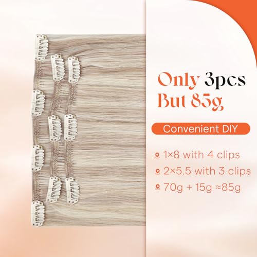 Image of Sunny Hair Clip in Hair Extensions Real Human Hair Blonde Highlight 14inch | Human Hair Clip in Extensions for Women , Natural Blend and Soft Hair, Easy to Apply & Remove for Work & Weekend 85g