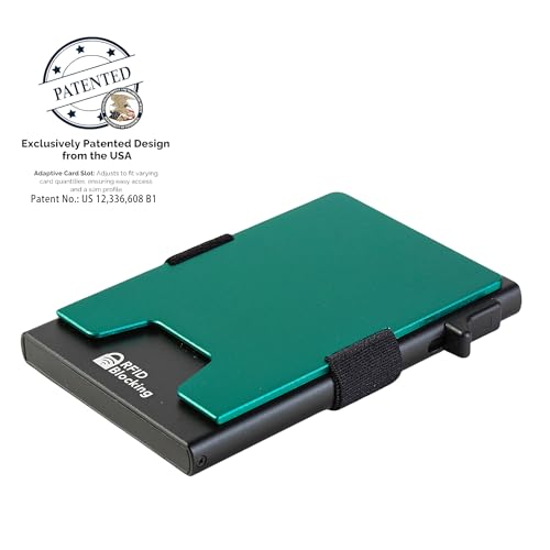 Image of Minimalist Mens Card Holder Wallet, RFID Blocking Slim Smart Pop Up Aluminum Wallet,Holds 12+ Cards,Expandable Compact Plate,Cash Strap /Money Clip (Forest Green)
