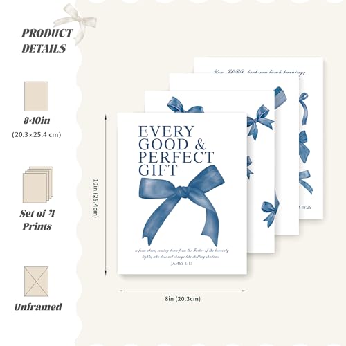 Image of LARTSFRO Coquette Navy Blue Bow Wall Art Decor Posters, Navy Blue Bow Room Bedroom Bathroom Dorm Wall Art Decor Aesthetic for Teen Girls Gifts, Inspirational Bible Verses Bow Wall Decor, 10x8 Inch Set of 4 Pcs Bow Pictures (UNFRAMED)