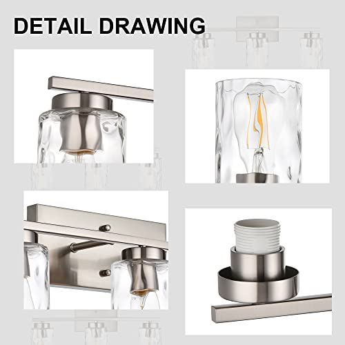 Image of Bathroom Vanity Light Fixtures Modern 4-Light Wall Sconces Brushed Nickel Wall Light Fixture with Clear Hammered Shade Vanity Light for Mirror Kitchen Porch Bedroom Hallway, E26 Base