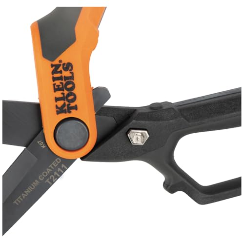 Image of Klein Tools T2111 Titanium-Coated Professional Scissors, High Leverage Stainless Steel Shears, Serrated Blades, Cuts Heavy Duty Material, 10-Inch