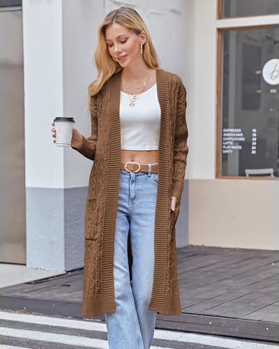 Image of Onedreamer Womens Long Cardigan Sweaters Open Front Cable Knit with Pockets