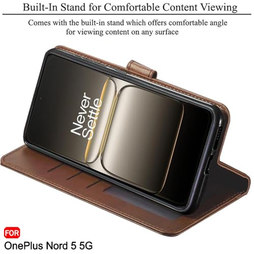 Image of TheGiftKart heGiftKart Genuine Leather Finish Flip Back Cover Case for OnePlus Nord 5 5G | Inbuilt Pockets & Stand | Wallet Style | Designer Button Magnet Flip Back Cover Case (Faux Leather, Brown)