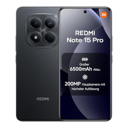 XIAOMI Redmi Note 15 Pro Smartphone (12+512 GB) Handy mit Android 6500-mAh-Akku 200-MP-Kamera IP65-Wasserschutz 6 77 FHD+ AMOLED-Display Schwarz 2 Jahre Garantie