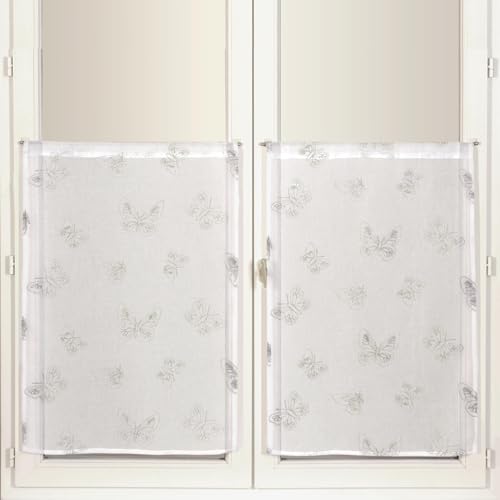 Atout Ciel Paire de Voilages Brodés Papillons, avec Passe-Tringle prêts à Poser, 2X 60x160cm, Blanc/Gris