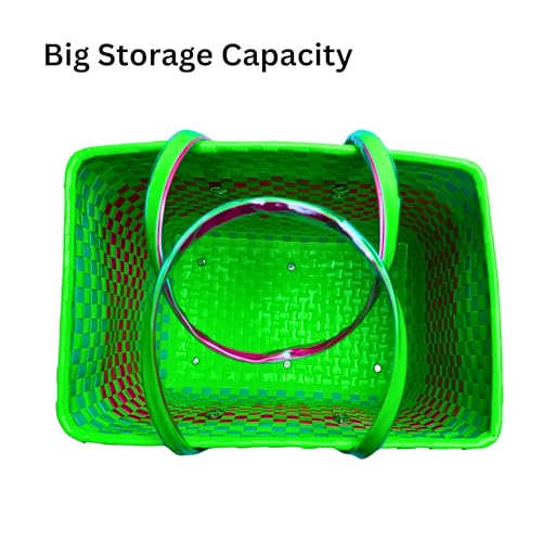 Image of Hand Made Multipurpose Plastic Basket with Lid | Eco-Friendly, Washable, Rust-Free Storage Basket for Kitchen, Picnic, Toys, Travel, Office | Lightweight basket (Green with Pink, M)