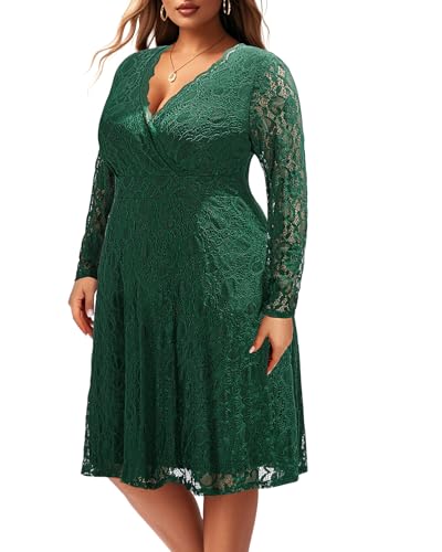 Pinup Fashion Damen-Kleid mit Blumenmuster, V-Ausschnitt, Lange Ärmel, Knielang, Hochzeitsgäste, Cocktailkleid, smaragdgrün, 52 Mehr