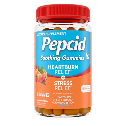 Pepcid Soothing Antacid Gummies, Heartburn Relief + Stress Relief for Occasional Heartburn, Upset Stomach, and Acid Indigestion, with Lemon Balm Extract, Tricalcium Phosphate, Peach-Raspberry, 32 ct
