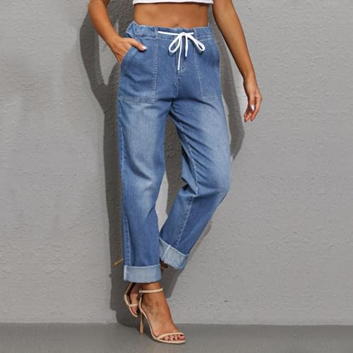 Womens Drawstring Elastic Waist Pull on Jeans Stretch Denim Joggers Casual Baggy Jeans Cropped Jeans with Pockets3