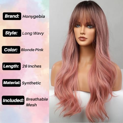 Honygebia Pink Wig with Fringe, Long Wavy Ombre Pink Wigs for Women Synthetic Heat Resistant Natural Looking Hair - Image 3