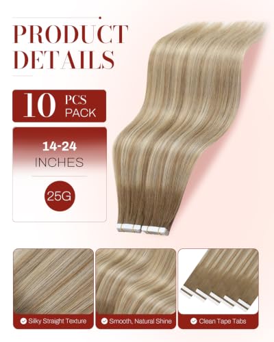 Image of Moresoo Beige Blonde Seamless Tape Extensions Human Hair 24 Inch 10Pcs 25g | Tape hair extensions real human hair, long straight strands, cool beige blend, invisible tabs, photo shoots and travel