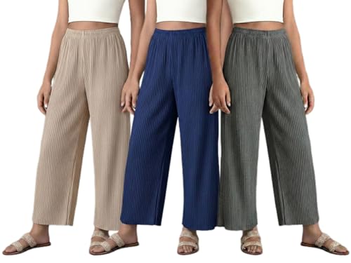 Image of Set of Combo Trouser and Pants for Girls and Women's Relaxed Fit Stretchable Regular Fit Palazzos Lightweight Elastic Waistband Bottoms for Daliy Office & Casual Wear