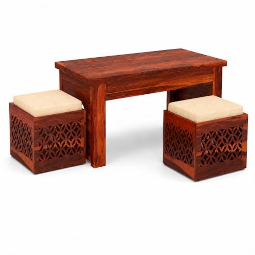 Image of Solid Sheesham Wooden Coffee Table with 2 Cushioned Stool|Teapoy Center Piece for Home Sofa Center Table for Living /Drawing Room,Hall|Space Saving Indoor Tea Table Set(Honey Finish) CNC