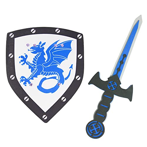 Spada e scudo in gommapiuma Cavaliere spada e scudo in gommapiuma, set di giocattoli con drago medievale (blu), ideale per bambini per feste di cavalieri a scelta di colori