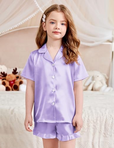 Image of Arshiner Girls Pajamas Silk Satin Pajama Set Button Pjs Ruffle Sleepwear