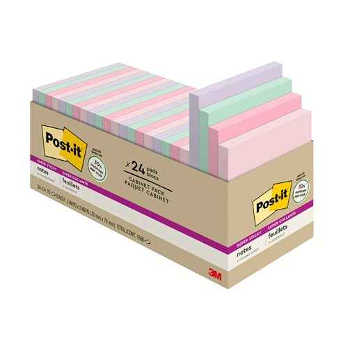 Image of Post-it Recycled Super Sticky Notes, 3 x 3-Inches, Assorted Natures Hues Colors, 24-Pads /Pack