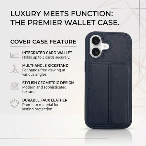Image of amazon basics Luxury Vegan Leather Back Cover for iPhone 16 | Built-in Card Holder Slot | Integrated Mobile Stand | Slim Shockproof Protective Case with Stitched Finish - Blue