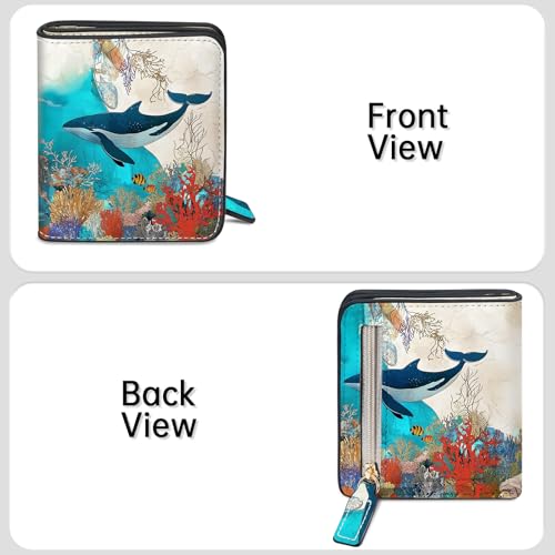 Image of Toughergun Bule Whale RFID Small Wallet Women, Slim Thin Vegan Leather Bifold Wallet with Zipper Coin Pocket & ID Window, Cute Mini Travel Credit Card Holder Gift for Women Ladies Teen Girls