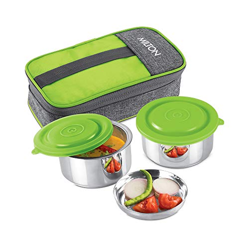 Milton Pasto Lunch Box 2 Double Wall Stainless Steel Containers with Denim Insulated Jacket, Set of 2, 350 ml, Green
