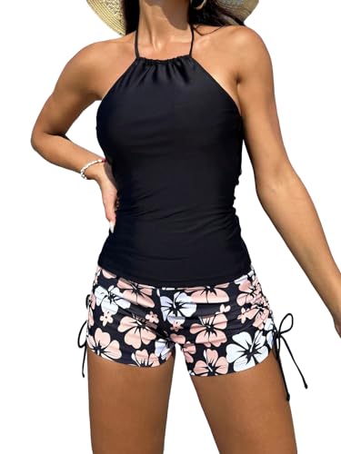 SOLY HUX Tankini Swimsuits for Women Halter Tops and Floral Print Shorts Bathing Suits Two Piece Swimsuit